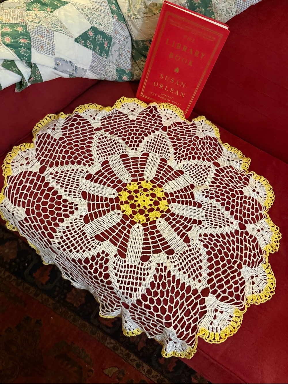 Big handcrafted Vintage White and Yellow Crochet Doily lace Table Accent